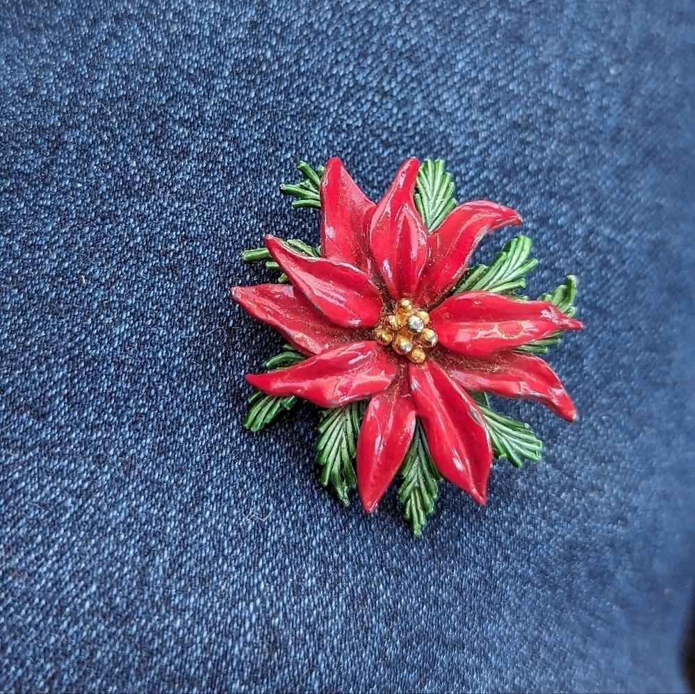 ♥️ Roma signed Vintage poinsettia brooch pin green red enamel Christmas